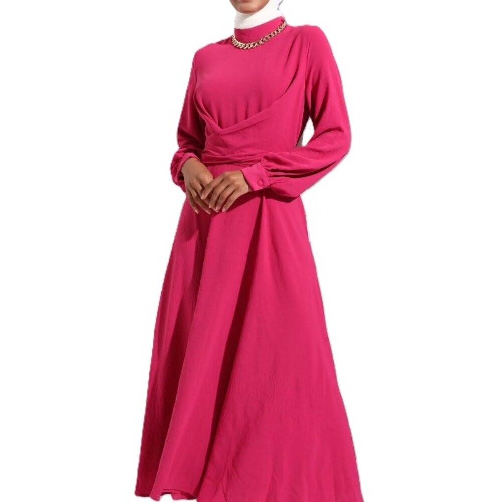 Fuchsia - Crew neck - Unlined - Modest Dress  - long Sleeve - Maxi  Sz 14 us
